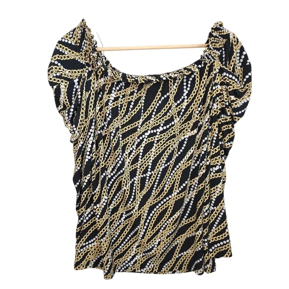 Michael Kors Top Womens XL Black Chain Print‎ Puff Sleeve Blouse Casual Ladies